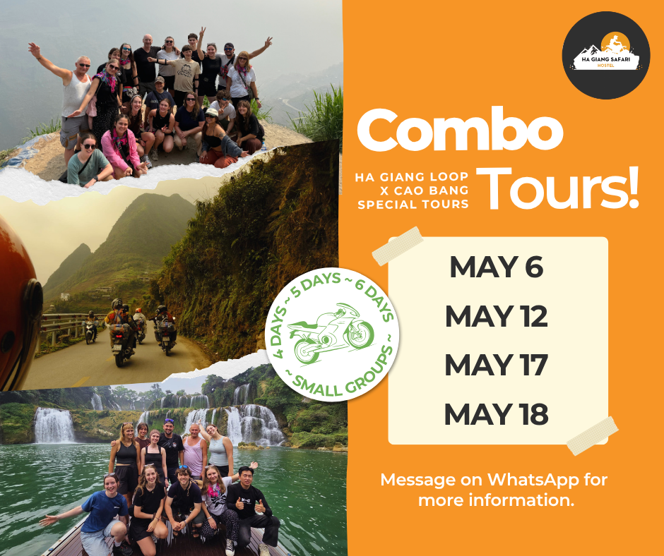 May Combo Tour Dates with Ha Giang Safari that combine the Ha Giang Loop with Cao Bang. Dates are May 6, May 12, May 17, and May 18.