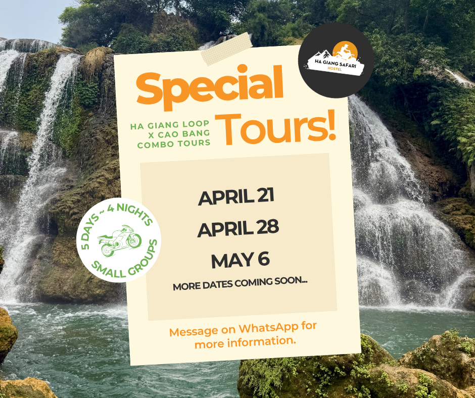Special Tours: Ha Giang Loop and Cao Bang Combo Tours with upcoming dates April 21, April 28, May 6
